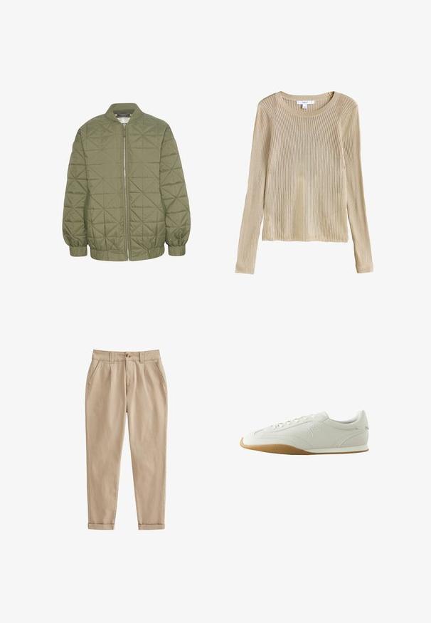 Chaqueta acolchada de color verde oliva con cierre de cremallera en el frente, cuello alzado y puños elásticos. Presenta un patrón geométrico en la tela.; Jersey beige de punto con canalé, manga larga, cuello redondo y corte ajustado, mostrado plano con etiqueta visible en el cuello.; Chinos beige hechos de una tela de algodón ligera. Presentan una pierna ajustada, pliegues frontales, bolsillos laterales y puños enrollados. Textura cepillada.; Zapatilla deportiva blanca de corte bajo con suela de goma marrón, detalles de costuras, cierre de cordones y logo bordado en el lateral.