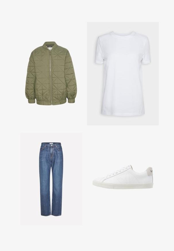 Chaqueta acolchada de color verde oliva con cierre de cremallera en el frente, cuello alzado y puños elásticos. Presenta un patrón geométrico en la tela.; Camiseta blanca lisa de manga corta con cuello redondo, ajuste regular y una pequeña etiqueta interior en el cuello que dice "SELECTED FEMME."; Vaqueros de denim azul claro con un diseño de pierna recta, que presentan un cierre de botón, un estilo de cinco bolsillos y un ligero desgaste en la tela.; Zapatillas de cuero blanco con una suela de goma texturizada en un tono blanco roto. Las características incluyen cordones, costuras sutiles y un acento en gamuza gris en el talón.