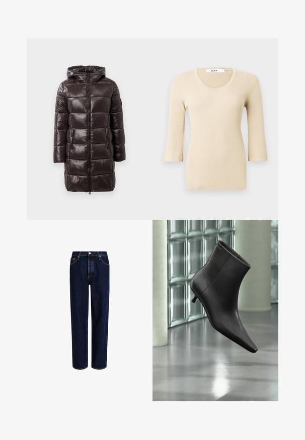 Manteau en duvet marron avec une finition brillante, capuche, fermeture éclair à l'avant et poches latérales. Il présente des sections matelassées horizontales pour l'isolation.; Top à manches longues en beige côtelé avec un décolleté arrondi. La texture est lisse et ajustée. Des poignets évasés ajoutent un détail de design subtil.; Jeans en denim bleu foncé avec une coupe droite, dotés d'une taille haute, d'un style à cinq poches et de coutures contrastantes. Sans embellissements.; Bottine en cuir noir avec bout pointu et petit talon, présentée devant un mur en blocs de verre et un sol poli.