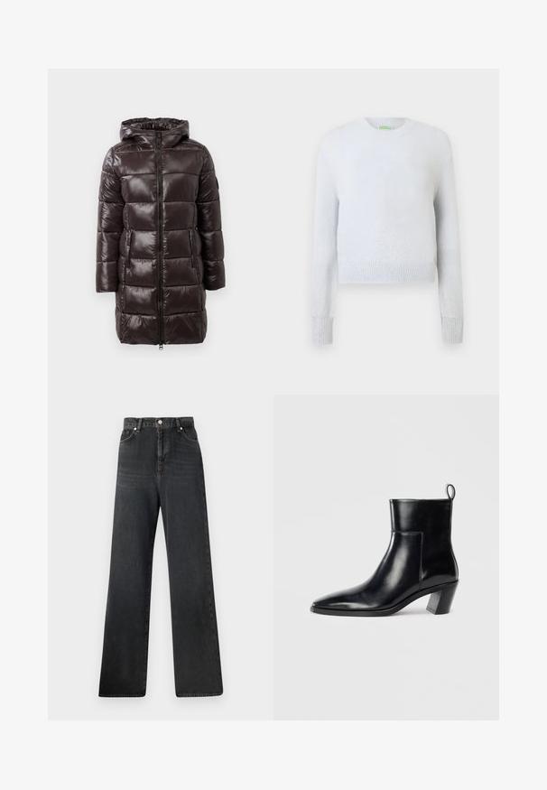 Manteau en duvet marron avec une finition brillante, capuche, fermeture éclair à l'avant et poches latérales. Il présente des sections matelassées horizontales pour l'isolation.; Pull court blanc avec manches longues, col rond et poignets côtelés. Présente une texture légèrement scintillante et des accents argentés éparpillés.; Jean noir à jambes larges avec une taille haute, doté d'une fermeture à boutons, de cinq poches et d'une légère décoloration sur la texture du tissu.; Bottine en cuir noir avec un bout pointu, un talon empilé géométrique et une languette à l'arrière. Texture lisse et design épuré.