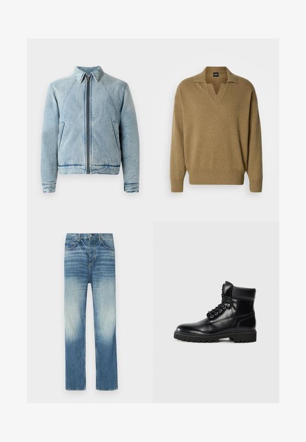 Jeansjacke in Hellblau mit durchgehendem Reißverschluss, spitzem Kragen, Raglanärmeln und zwei Seitentaschen. Sie zeichnet sich durch eine glatte Textur und Saumverzierungen aus.; Brauner, übergroßer Strickpullover mit V-Ausschnitt und gerippten Bündchen. Hergestellt aus weichem Stoff mit strukturierter Oberfläche und lockerem Schnitt.; Hellblaue Denim-Jeans mit verwaschenem Finish, geradem Schnitt, Fünf-Taschen-Design und Knopfverschluss am Bund.; Schwarze Lederstiefelette mit glänzender Oberfläche, Schnürdesign, gepolstertem Kragen und einer robusten Gummisohle mit Traktionsnoppen.