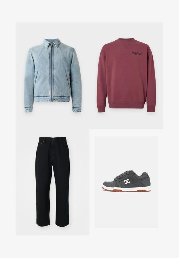 Lichtblauwe denimjack met een ritssluiting aan de voorkant, puntige kraag, raglanmouwen en twee zijzakken. Beschikt over een soepele textuur en afgewerkte zomen.; Bordeaux katoenen sweatshirt met een ronde halslijn en ribgebreide mouwen. Heeft een zwart logo gedrukt op de linkerborst. Glad textuur.; Zwarte denim jeans met een rechte snit, lichte textuur, vijf zakken en een knoopsluiting in de taille.; Grijze sneaker met leren bovenkant, witte tussenzool, bruine rubberen buitenzool en geperforeerde details. Heeft een logo aan de zijkant en gestructureerde veters.