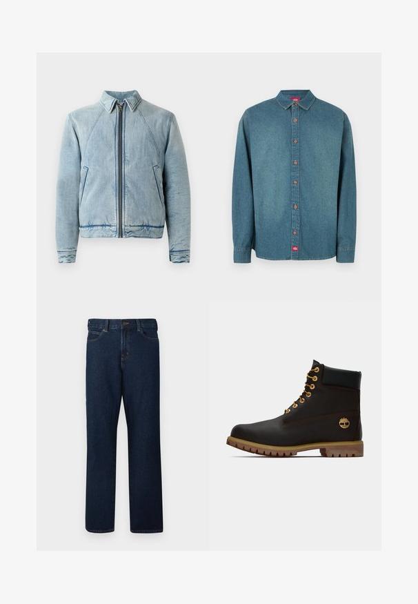 Jeansjacke in Hellblau mit durchgehendem Reißverschluss, spitzem Kragen, Raglanärmeln und zwei Seitentaschen. Sie zeichnet sich durch eine glatte Textur und Saumverzierungen aus.; Denimhemd in mittlerem Blau mit durchgehender Knopfleiste, spitzem Kragen, langen Ärmeln und braunen Knopfakzenten; Etikett unten links.; Dunkelblaue Jeans aus Denim mit geradem Bein, Reißverschluss- und Knopfverschluss, fünf Taschen und kontrastierender Naht. Sauberer Abschluss am Saum.; Schwarze Leder-Ankle-Boots mit goldenen Ösen, braunen Akzenten und einer Gummisohle. Verfügt über einen gepolsterten Schaft und ein geprägtes Logo an der Seite.