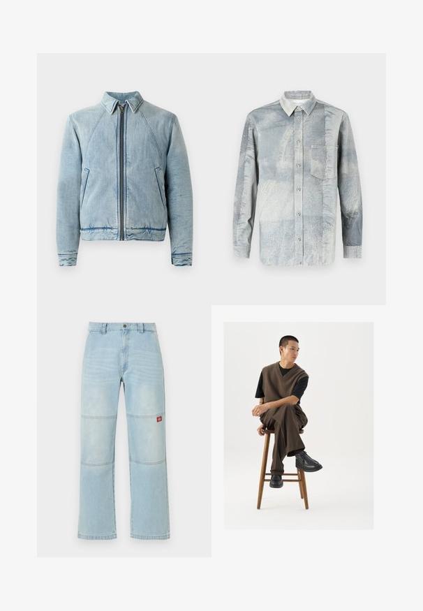 Denimjakke i lyseblå med lynlås foran, spidse krave, raglanærmer og to sidelommer. Har en glat tekstur og kantdetaljer.; Knapp-up skjorte i lys blå med et struktureret mønster, der har krave, lange ærmer og en enkelt brystlomme.; Lyseblå viddebenjeans med knæpaneldetaljer og et lille rødt rektangulært logopatch på det højre lår.; Brun strikket vest over en sort t-shirt, parret med brune vidde bukser og sorte chunky sko, siddende på en træstub.