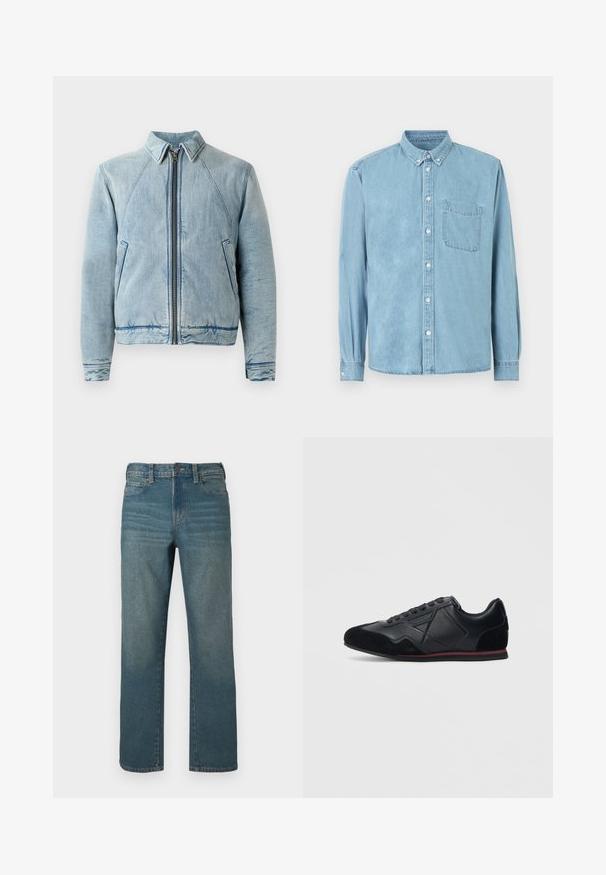 Denimjakke i lyseblå med lynlås foran, spidse krave, raglanærmer og to sidelommer. Har en glat tekstur og kantdetaljer.; Lyseblå denimskjorte med lange ærmer, knaplukket krave, brystlomme foran og hvide knapper ned langs midten og på manchetterne.; Denimjeans i mellemblå, med lige ben, design med knaplukning, fem lommer og let falmning foran.; Sort atletiksko med læderoverdel og ruskindsdetaljer, med et slankt design, rund tå og en rød gummisål.