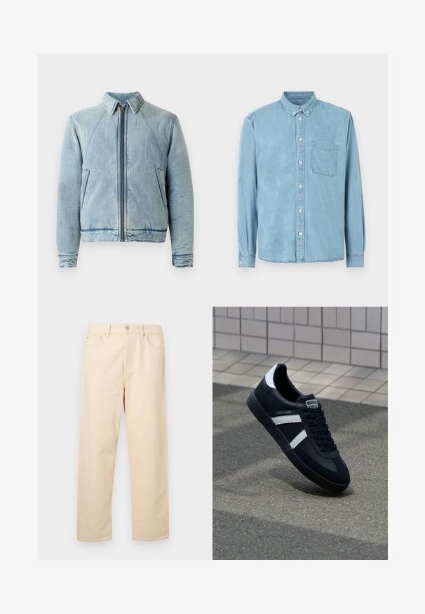 Denimjakke i lyseblå med lynlås foran, spidse krave, raglanærmer og to sidelommer. Har en glat tekstur og kantdetaljer.; Lyseblå denimskjorte med lange ærmer, knaplukket krave, brystlomme foran og hvide knapper ned langs midten og på manchetterne.; Beige jeans med lige ben, lukkes med knap og lynlås, bæltestropper og forlommer på ensfarvet baggrund.; Sort lædersneaker med hvide striber, tekstureret gummisål og snørrebånd foran. Har et brandet mærke på tungen.