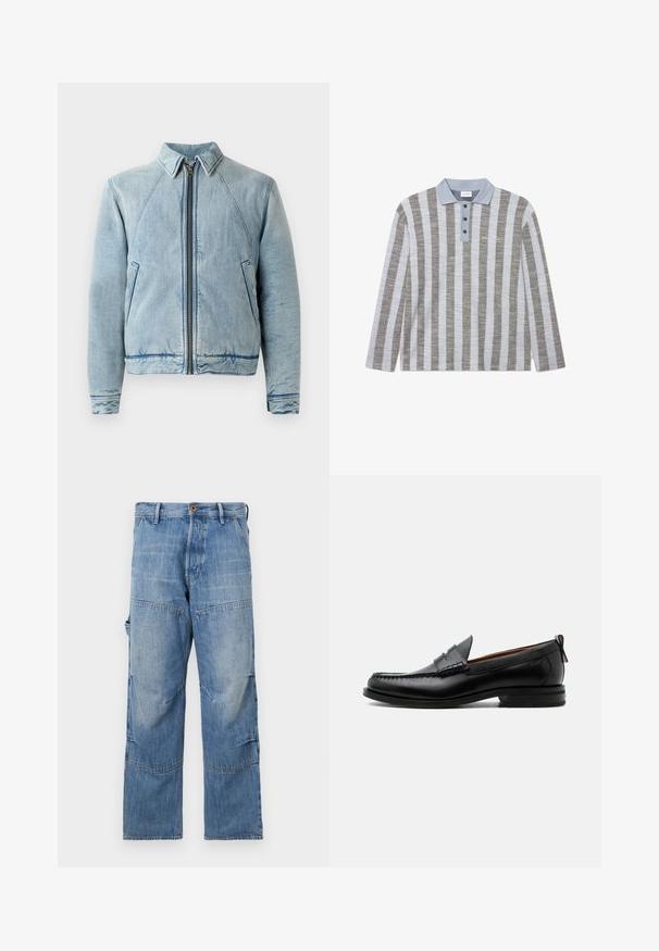 Jeansjacke in Hellblau mit durchgehendem Reißverschluss, spitzem Kragen, Raglanärmeln und zwei Seitentaschen. Sie zeichnet sich durch eine glatte Textur und Saumverzierungen aus.; Langarm-Poloshirt mit abwechselnden grauen und hellblauen Streifen, einem hellblauen Kragen und drei schwarzen Knöpfen am Ausschnitt.; Hellblaue Jeanshose mit weitem Bein, ausgebleichten Bereichen und aufgenähten Nähten. Mit einem Knopf- und Reißverschluss vorne sowie seitlichen Taschen.; Schwarzer Leder-Herrenschuh mit Mokassinnaht, Penny-Riemen, strukturiertem Kragen und niedrigem gestapeltem Absatz auf weißem Hintergrund.