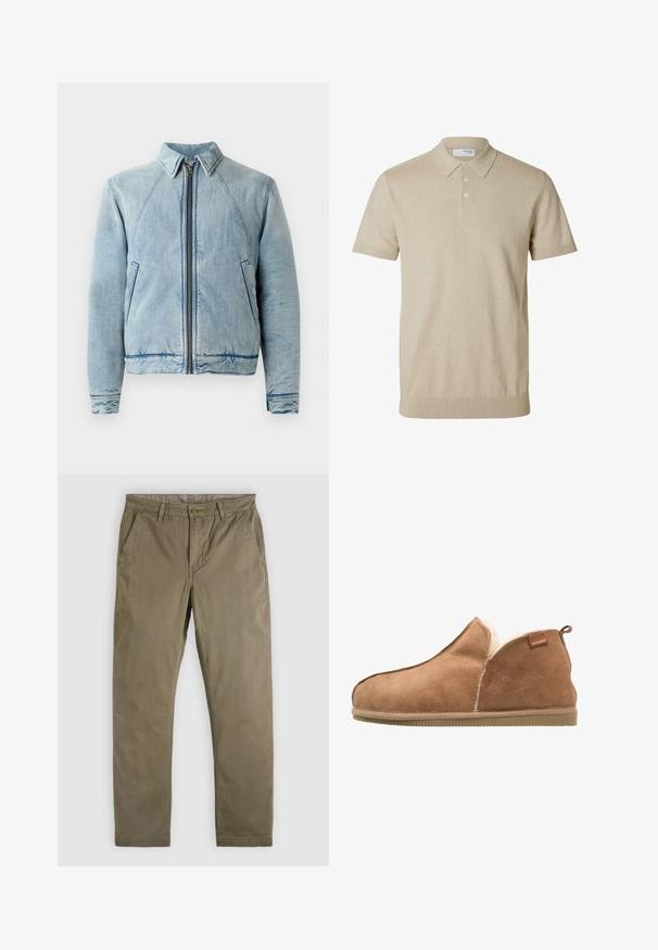 Lichtblauwe denimjack met een ritssluiting aan de voorkant, puntige kraag, raglanmouwen en twee zijzakken. Beschikt over een soepele textuur en afgewerkte zomen.; Beige polo met korte mouwen, kraag en drie knopen, geribde randen aan mouwen en zoom, effen gebreide stof.; Kaki chino's van katoen met een gladde textuur. Ze hebben een klassiek ontwerp, rechte pijpen en voorzakken.; Suède slippers in tan met een zachte fleece voering. Laag uitgesneden ontwerp met een platte rubberen zool en een leren label met merk op de zijkant.