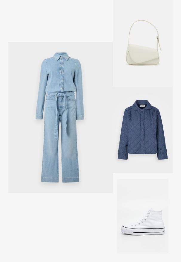Chaqueta acolchada de color azul oscuro con rayas blancas verticales, que incluye un cuello, siete botones y mangas con puños.; Mono de mezclilla azul claro con mangas largas, cierre delantero con botones, cuello puntiagudo, pantalones anchos y un cinturón del mismo tejido atado a la cintura.; Zapatilla deportiva blanca de caña alta con una franja negra en la suela, cordones atados, que parece flotar sobre una superficie de piedra y un fondo con repisa.; Bolso de mano de imitación cuero blanco con una forma triangular estructurada, correa ajustable única y cierre con solapa acentuada en curva.