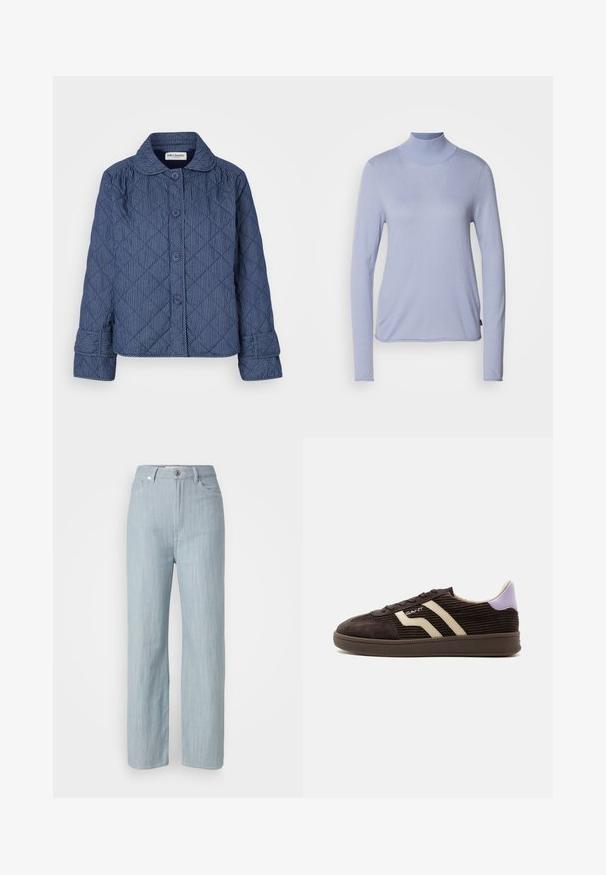 Quiltsjakke i mørkeblå med lodrette hvide striber, med krave, syv knapper og opsmøgede ærmer.; Lyseblå langærmet turtleneck-top fremstillet af blødt stof, med en tætsiddende pasform og en glat tekstur. Minimalistisk stil uden mønstre.; Lysblå straight-leg jeans lavet af denim. Har fem lommer, en metal knaplukning og subtile slidser for tekstur.; Mørkebrun kordfløjls-sneaker med beige sidelommer, snøredesign, lilla hælflap og gummisål mod en hvid baggrund.