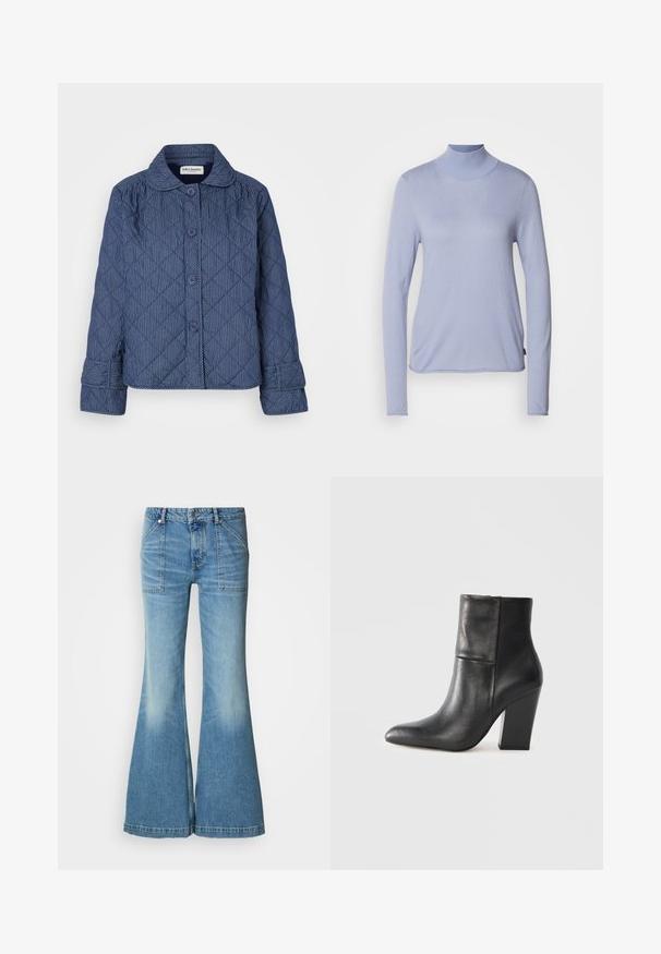Quiltsjakke i mørkeblå med lodrette hvide striber, med krave, syv knapper og opsmøgede ærmer.; Lyseblå langærmet turtleneck-top fremstillet af blødt stof, med en tætsiddende pasform og en glat tekstur. Minimalistisk stil uden mønstre.; Lyseblå denim bukser med flare og høj talje. Indeholder to forlommer og falmende mønster langs benene. Bukseafsatsen er let frynset.; Sort læder ankelstøvle med spids tå og tykt blokhæle på ensartet lysegrå baggrund.