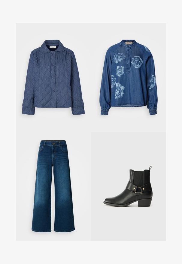 Chaqueta acolchada de color azul oscuro con rayas blancas verticales, que incluye un cuello, siete botones y mangas con puños.; Camisa de mezclilla en azul oscuro con un corte relajado. Presenta estampados florales en azul claro, botonera y puños elásticos para un efecto recogido.; Jeans de pierna ancha hechos de denim azul oscuro. Presentan una cintura alta, cierre de botón y un diseño clásico de cinco bolsillos con un ligero desgaste.; Botín de cuero negro hasta el tobillo con punta redondeada, paneles laterales elásticos y una correa decorativa con un acento de anillo dorado. Diseño de tacón cuadrado.