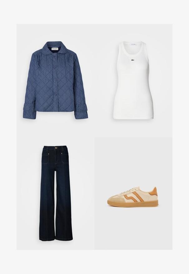 Chaqueta acolchada de color azul oscuro con rayas blancas verticales, que incluye un cuello, siete botones y mangas con puños.; Camiseta sin mangas blanca con escote redondo y textura acanalada. Presenta un pequeño logo de cocodrilo verde de Lacoste en el pecho.; Jeans de mezclilla de pierna ancha en azul oscuro. Presentan bolsillos frontales, herrajes en tono dorado y costuras en contraste. Textura suave con un diseño casual.; Zapatilla beige con puntera de ante marrón claro, franjas de cuero marrón claro, suela de goma y diseño con cordones, vista lateral sobre fondo blanco.