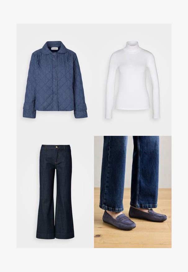 Chaqueta acolchada de color azul oscuro con rayas blancas verticales, que incluye un cuello, siete botones y mangas con puños.; Camisa de cuello alto de manga larga blanca, fabricada en un tejido suave y elástico. Presenta un ajuste ceñido y un collar alto. Sin patrones ni acentos visibles.; Jeans de mezclilla de lavado oscuro con un diseño acampanado, que cuentan con cierre de botón, costuras naranjas y dobladillos vueltas. Textura suave y estilo clásico.; Mocasines de ante púrpura con un detalle de costura y suela de goma plana, combinados con vaqueros de pierna ancha de color azul, mostrando un estilo casual sobre un suelo de madera.
