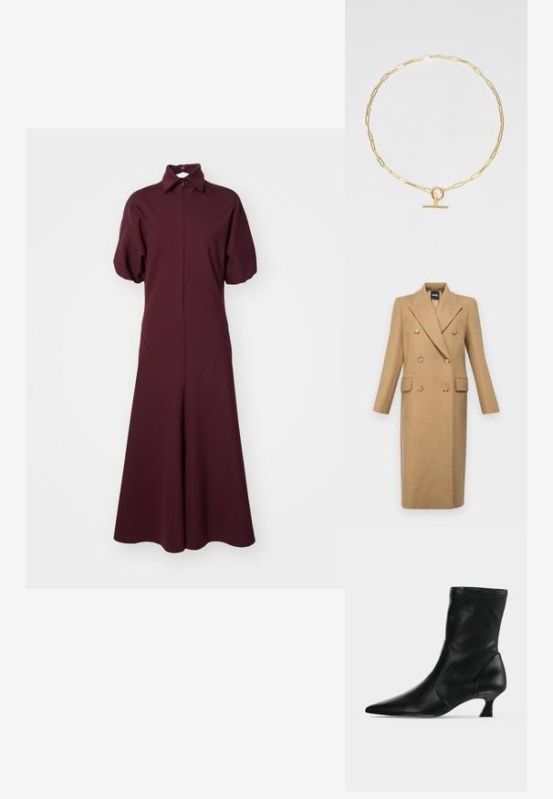 BOSS CALLAF - Klassisk frakke - medium beige; Bordeaux lang kjole med krave, kort puffærmer og en fuld nederdel. Lavet af glat stof med en let glans.; Sort læderstøvle til midt på læggen med spids tå og lav kittenhæl, vist fra siden på en ensartet lys baggrund.; Guldkæde med forløsende rektangulære led, en rund lås og en vandret toggle-lukning. Glat, metallisk finish.