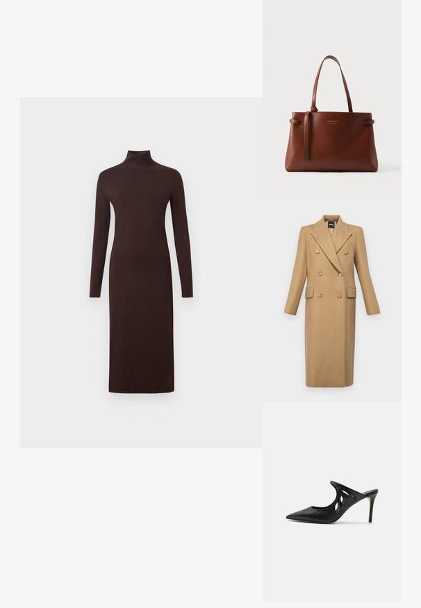 BOSS CALLAF - Klassisk frakke - medium beige; Langærmet kjole med høj hals i mørkebrun, tætsiddende design, blød tekstur og knælang længde, med en glat overflade og uden synlige mønstre.; Sorte læder højhælede mules med spids tå, udskåret sideskærm og glat tekstur. Stiletthæl og subtil syning.; Brun lædertaske med to lange håndtag, en slank rektangulær form og en lille dekorativ kvast. Har diskrete logodetaljer.
