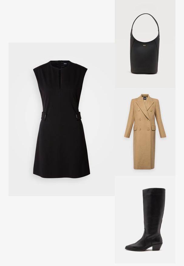 BOSS CALLAF - Klassisk frakke - medium beige; Sort, ærmeløs kjole med rund halsudskæring, for-udspringsslid og sideafsnit. Lavet af glat stof med et tætsiddende design og knælangt fald.; Sort læderstøvle til midtkalv med spids tå og lavt skråt hæl på en enkel lys baggrund.; Sort læder bucket taske med én skulderrem og lille guldfarvet BOSS-logo centreret tæt på toppen foran.