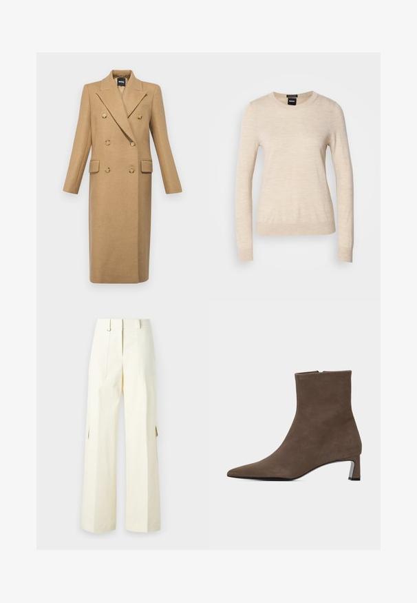 BOSS CALLAF - Klassinen takki - medium beige; BOSS FERPINA - Neule - light beige; Vaatteet laajat cargo-housut vaaleassa kermakankaassa, joissa on läpälliset taskut, korkea vyötärö ja sivuleikkaukset lisätietona ja toiminnallisuutena.; Ruskeat mokkanahkaiset nilkkurit, joissa on terävä kärki, sivuvetoketju ja matala lohkokorko vaalealla yksivärisellä taustalla.
