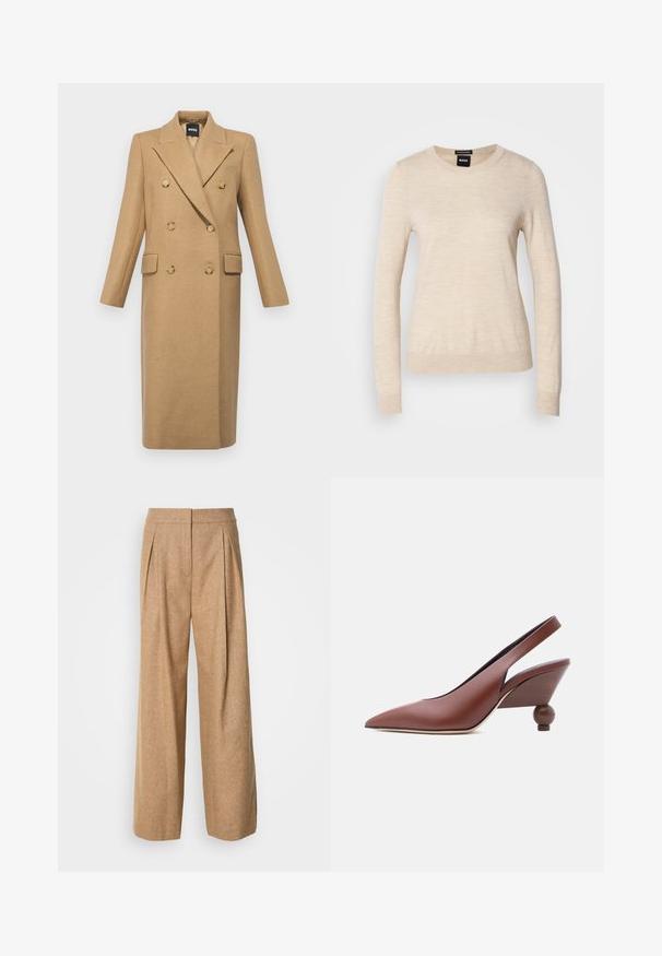 BOSS CALLAF - Klassisk frakke - medium beige; BOSS FERPINA - Striktrøje - light beige; Vide bukser i et struktureret, lysebrunt stof. Har frynsede folder foran og høj talje, med en glat finish og uden synlige lukninger.; Brun læder slingback-sko med spids tå og unikt geometrisk hæl i træ, der kombinerer kegle- og kugleformer.