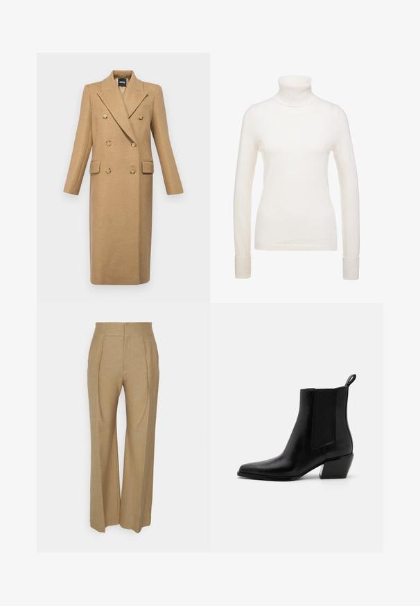BOSS CALLAF - Klassinen takki - medium beige; FTC Cashmere Neule - pristine white; Beige leveled trousers yang lebar terbuat dari kain tekstur, dilengkapi dengan lipatan depan dan pinggang tinggi. Tidak ada saku atau hiasan yang terlihat.; Mustat nahkaiset nilkkasaappaat, joissa on terävä kärki, joustavat sivupaneelit ja matala lohkoheel. Varressa on vetotappi, joka helpottaa pukeutumista.