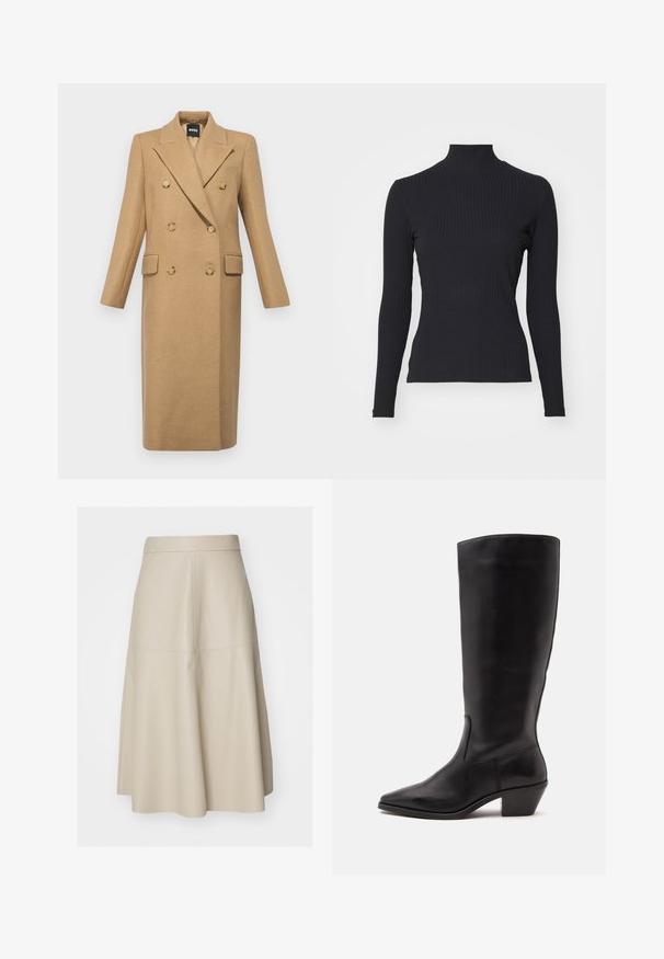 BOSS CALLAF - Klassisk frakke - medium beige; Sort ribbet turtle-sweater med lange ærmer. Lavet af strækbart stof med en tætsiddende pasform og høj krave. Enkel design uden udsmykninger.; Beige A-formet midi-nederdel med synlige sømvdetaljer og en tætsiddende talje, lavet af glat læderlignende materiale.; Sort læderstøvle til midtkalv med spids tå og lavt skråt hæl på en enkel lys baggrund.
