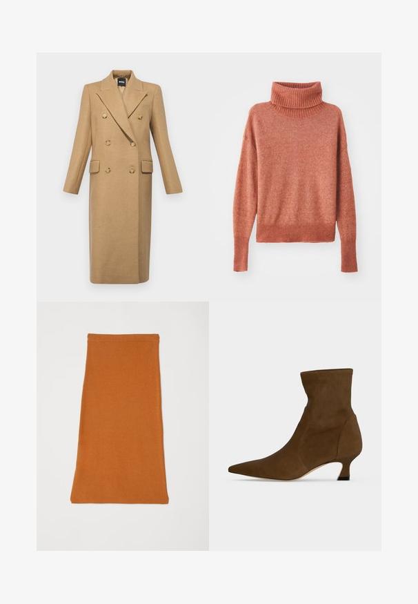 BOSS CALLAF - Klassisk frakke - medium beige; Turtleneck sweatshirt i en blød, støvet rosefarve. Har ribbet tekstur ved kraven og kanten, med en afslappet pasform og lange ærmer.; Orange, strækbart stof nederdel med en glat tekstur, der har et simpelt, tætsiddende design og en lige kant. Ingen synligt hardware eller mønstre.; Brun ankelstøvle med spids tå og lav kitten hæl, lavet af glat materiale, vist mod en ensfarvet baggrund.