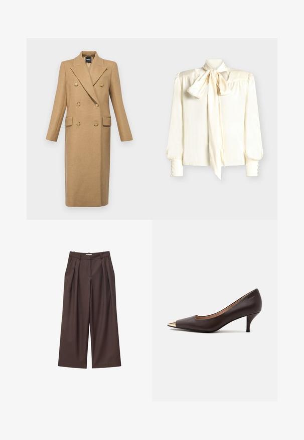 BOSS CALLAF - Mantel - medium beige; Crèmekleurige blouse met een strikboord, lange mouwen met knoopdetails bij de manchetten en een gladde, glanzende textuur.; Bruine broek met hoge taille, wijde pijpen, voorplooien, riemlussen en een verborgen sluiting aan de voorkant.; Donkerbruine leren pump met kittenheel en een puntige gouden metalen neus op een effen lichte achtergrond.