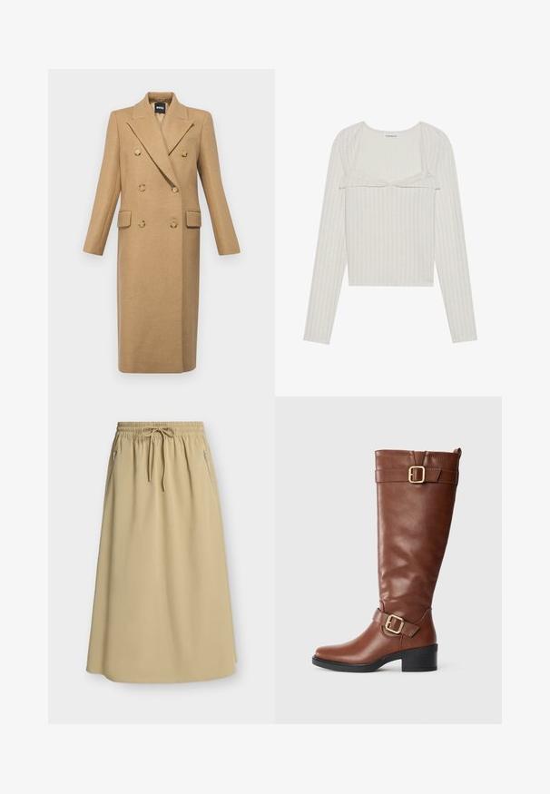 BOSS CALLAF - Klassisk frakke - medium beige; Lys beige langærmet top med ribbet tekstur. Har en blondekant og cropped design, med rund halsudskæring og tætsiddende ærmer.; Beige knælængde nederdel med elastisk linning, snøre og lynlåslommer i siden på ensfarvet baggrund.; Brun knæhøj læderstøvle med to gyldne spænder, lav sort blokhæl og snoretab bagpå på en helt hvid baggrund.