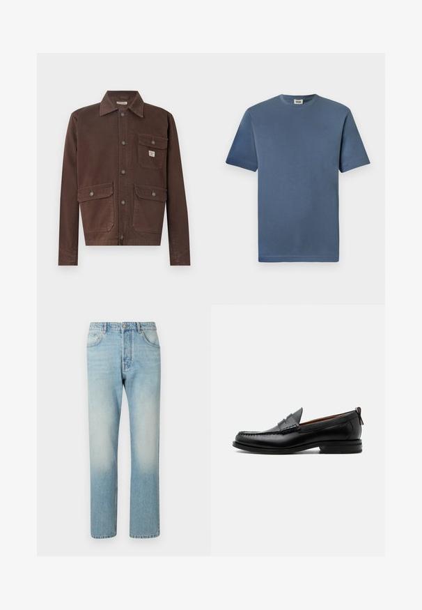 Bruine, lange mouw jas van duurzame stof. Heeft een kraag, een knoopsluiting aan de voorkant en twee borstzakken met kleppen. Glad textuur.; Blauwe katoenen t-shirt met een ronde hals en korte mouwen. Heeft een gladde textuur en een rechte zoom. Geen zichtbare patronen of graphics.; Lichtblauwe jeans van denim, met een rechte pijpdesign, vijf zakken en een vervaagde was-effect op de dijen.; Zwarte leren herensloffen met moc toe stiksel, pennyriem, gestructureerde kraag en lage gestapelde hak op witte achtergrond.