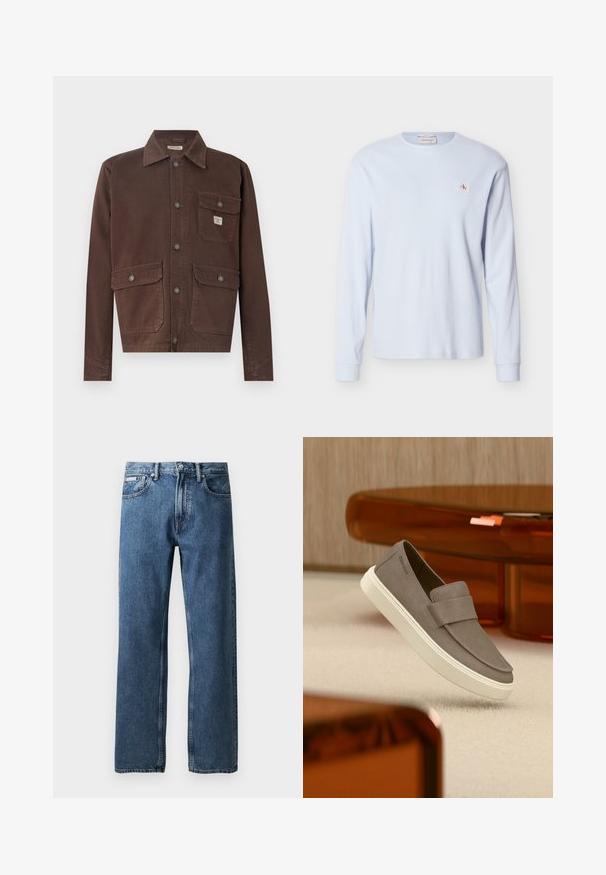 Bruine, lange mouw jas van duurzame stof. Heeft een kraag, een knoopsluiting aan de voorkant en twee borstzakken met kleppen. Glad textuur.; Lichtblauw, lange mouwen, wafelgebreid shirt met ronde hals, geribbelde manchetten en een klein rood-wit "CK" logo op de linkerborst.; Blauwe rechte spijkerbroek met een hoge taille, knoop- en ritssluiting, voorzakken en een klein wit merketiket op de rechterzak.; Grijze suède instapschoen met witte zool, zwevend boven een beige tapijt, met doorschijnend oranje meubilair op de achtergrond.