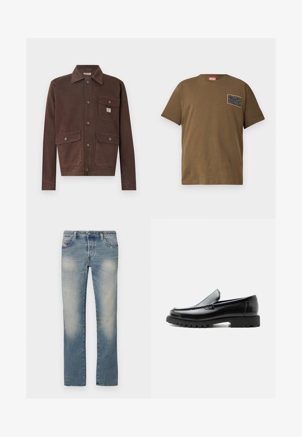 Bruine, lange mouw jas van duurzame stof. Heeft een kraag, een knoopsluiting aan de voorkant en twee borstzakken met kleppen. Glad textuur.; Bruine katoenen t-shirt met ronde hals, voorzien van een zwart grafisch patch op de linkerborst. Korte mouwen en een rechte zoom.; Lichtblauwe denim rechte jeans met vervaagde plekken, vijf zakken en een knoopsluiting. De stof vertoont lichte veroudering en slijtageplekken.; Zwarte leren loafer met dikke rubberen zool, gestikte bovenkant en gegraveerde merknaam op de hiel, zijaanzicht op witte achtergrond.