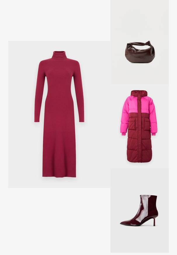 Abrigo tipo puff con capucha, diseño a bloques de colores en rosa fucsia y burdeos, dos bolsillos frontales y puños elásticos, confeccionado en tejido texturizado.; Vestido de punto acanalado de manga larga en color burdeos, con cuello alto, silueta entallada y dobladillo recto. Textura suave en todo el vestido.; Botín de tobillo brillante en un oscuro tono rojo con puntera afilada y tacón delgado de altura media sobre un fondo claro y liso.; Bolso de hombro de cuero marrón oscuro con una forma suave y caída, y un asa con nudo torcido sobre un fondo blanco liso.