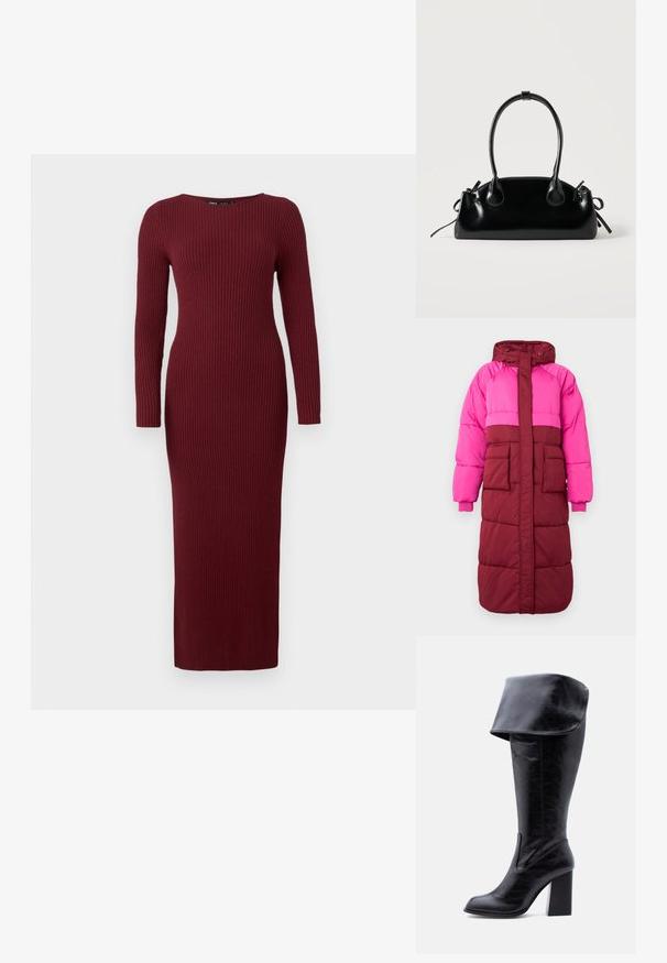 Abrigo tipo puff con capucha, diseño a bloques de colores en rosa fucsia y burdeos, dos bolsillos frontales y puños elásticos, confeccionado en tejido texturizado.; Vestido maxi de punto acanalado burdeos con mangas largas y escote barco, que presenta una silueta ajustada y una textura sutil en toda la prenda.; Bota alta negra de cuero con tacón, puño doblado y punta redonda, de pie sobre un fondo blanco.; Pequeño bolso negro brillante con dos asas largas y detalles de cordón lateral sobre un fondo claro liso.