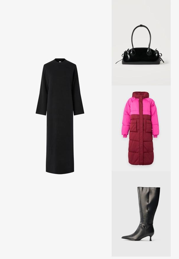 Puffermantel mit Kapuze, farblich unterteilt in Neonpink und Burgunderrot, zwei vordere Taschen und elastische Bündchen, hergestellt aus strukturiertem Stoff.; Langes schwarzes Strickkleid mit langen Ärmeln und hohem Kragen, auf weißem Hintergrund dargestellt.; Schwarzer kniehoher Lederstiefel mit spitzer Zehenpartie und niedrigem Kittenabsatz, präsentiert vor einem schlichten hellen Hintergrund.; Kleine schwarze glänzende Handtasche mit zwei langen Griffen und seitlichen Kordelzug-Details vor einfachem hellem Hintergrund.