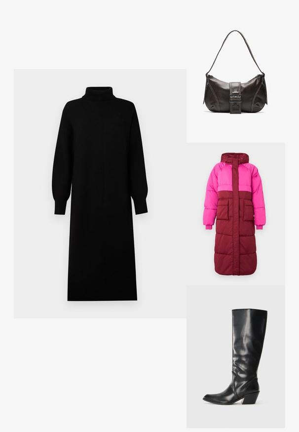 Abrigo tipo puff con capucha, diseño a bloques de colores en rosa fucsia y burdeos, dos bolsillos frontales y puños elásticos, confeccionado en tejido texturizado.; Vestido de punto negro con cuello alto, mangas largas y silueta recta. Presenta puños y dobladillo acanalados. Textura suave.; Bota de cuero negra hasta la rodilla con punta afilada, tacón angular y textura suave. Presenta un sutil acento de costura a lo largo del costado.; Bolso de hombro de cuero marrón con forma curva, que presenta un prominente detalle de hebilla, costuras en contraste y una sola correa para el hombro.