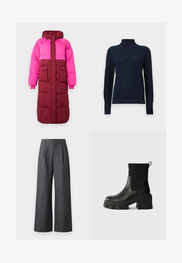 Pufjakke med hætte, farveblokering i hot pink og bordeaux, to forlommer og elastiske manchetter, lavet af tekstureret stof.; Mørkeblå turtleneck sweater med et struktureret strikkemønster, lange ærmer og ribbede mansjetter og kant. Glat stoffinish.; Mørkegrå bukser med vide ben, plisseringer, bæltestropper og knaplukning ved taljen, vist på en ensfarvet baggrund.; Sort ankelstøvle lavet af læder og elastisk stof, med en kraftig hæl, tykk gummisål og en løkke bagpå.
