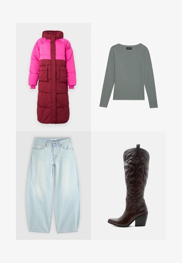 Pufjakke med hætte, farveblokering i hot pink og bordeaux, to forlommer og elastiske manchetter, lavet af tekstureret stof.; Even&Odd Langærmet T-shirt - balsam green; Lyseblå jeans med vid ben, knap- og lynlås lukning, forlommer og bæltestropper på en ensfarvet baggrund.; Høj mørkebrun læder cowboystøvle med syede dekorative mønstre, spids tå og stablet blokhæle.