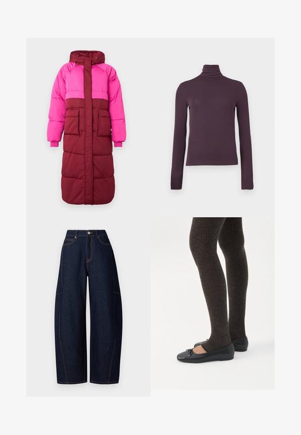 Abrigo tipo puff con capucha, diseño a bloques de colores en rosa fucsia y burdeos, dos bolsillos frontales y puños elásticos, confeccionado en tejido texturizado.; Camiseta de manga larga con cuello alto en púrpura profundo, hecha de una tela suave y ajustada con textura de canalé y un alto cuello.; Pantalones de mezclilla oscuros de pierna ancha con costuras naranjas en contraste, cinco bolsillos y un cierre de botón y cremallera en la cintura.; Piernas con leggings oscuros acanalados combinados con bailarinas negras que presentan pequeños detalles de lazo sobre un fondo blanco.