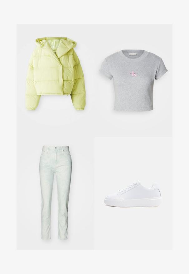 Veste courte en duvet de couleur jaune clair avec une capuche, présentant des sections matelassées horizontales, des poignets élastiques et une texture lisse et brillante.; T-shirt gris court en coton, avec une texture côtelée et des manches courtes. Affiche un logo Calvin Klein rose sur le devant.; Jean en denim bleu clair avec une taille haute, des jambes droites, un léger dégradé et un style classique à cinq poches avec un bouton en métal.; Baskets basses blanches à lacets, semelle épaisse et dessus lisse, vues de côté extérieur sur un fond clair uni.