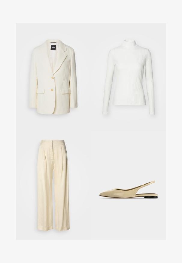 Blazer blanc en tissu texturé, avec un revers cranté, deux poches avant et des boutons dorés. Design simple et élégant avec une coupe ajustée.; Haut col roulé blanc à côtes avec des manches longues, fabriqué en tissu extensible. Présente un design ajusté et un encolure haute pour plus de couverture.; Pantalon en soie crème taille haute avec plis, jambes larges et fermeture éclair avant dissimulée sur un fond blanc uni.; Chaussure plate beige à bout pointu avec bride arrière, petit talon noir et finition en cuir lisse, vue de côté sur un fond uni.