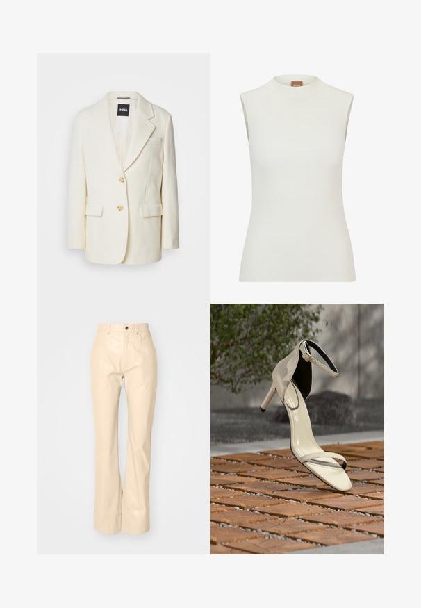 Blazer blanc en tissu texturé, avec un revers cranté, deux poches avant et des boutons dorés. Design simple et élégant avec une coupe ajustée.; Haut blanc sans manches avec un col montant, présentant une texture côtelée et un design ajusté. Étiquette de marque "BOSS" visible sur le col.; Pantalons évasés en simili cuir beige avec une texture lisse, dotés de poches avant, d'une fermeture à bouton et d'une finition légèrement brillante.; Sandale beige à talons hauts avec bride à la cheville posée sur des lattes en bois en extérieur, avec un arrière-plan flou de verdure et de béton.