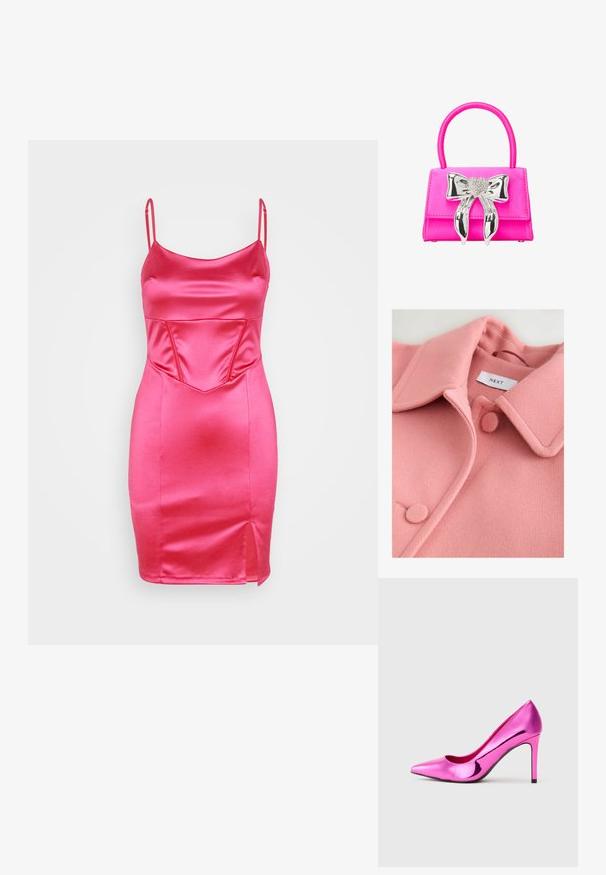 Manteau en laine rose avec grand col, comportant des boutons ronds et une texture lisse. Étiquette avec "NEXT" visible à l'intérieur.; WAL G. CALEB CORSET MINI - Robe de soirée - fuchsia; Chaussure à talon aiguille brillante en métal rose, avec un bout pointu, présentée sur un fond gris clair uni.; Sac à main en satin rose avec une forme structurée, présentant un grand nœud en argent avec un détail en forme de cœur et une anse lisse et courbée.