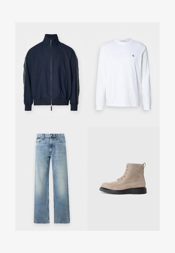 Veste bombe en bleu marine avec col haut, fermeture éclair, poches latérales et rayures blanches contrastantes le long des manches. Texture lisse.; Chemise blanche en coton à manches longues avec col rond et petit logo noir "cK" sur la poitrine gauche.; Jean droit en denim bleu clair avec taille haute, cinq poches, fermeture à boutons et léger délavage sur les cuisses et les genoux.; Bottines en daim beige avec semelle en caoutchouc noir, design à lacets, et un petit logo embossé sur le côté, avec une languette à l'arrière.