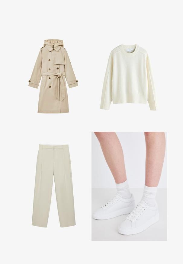 Manteau trench long beige avec capuche, design croisé, grands boutons et taille cintrée par une ceinture. Le tissu semble lisse et léger.; Next CREW NECK - Pullover - ecru; Pantalon beige taille haute cintré avec poches latérales, passants de ceinture et fermeture éclair devant, coupe droite.; Copenhagen Studios CPH72 - Baskets basses - white