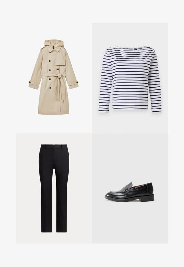 Manteau trench long beige avec capuche, design croisé, grands boutons et taille cintrée par une ceinture. Le tissu semble lisse et léger.; Haut à manches longues rayé en blanc et bleu marine, avec un col bateau et une coupe décontractée. Fabriqué en coton doux avec des ourlets cousus.; Pantalon noir à jambes droites avec passants de ceinture et coupe slim, présenté sur un fond clair uni.; Mocassins en cuir noir avec un design cousu, bout rond, talon bas empilé et détail de logo estampé sur le côté. Texture lisse.