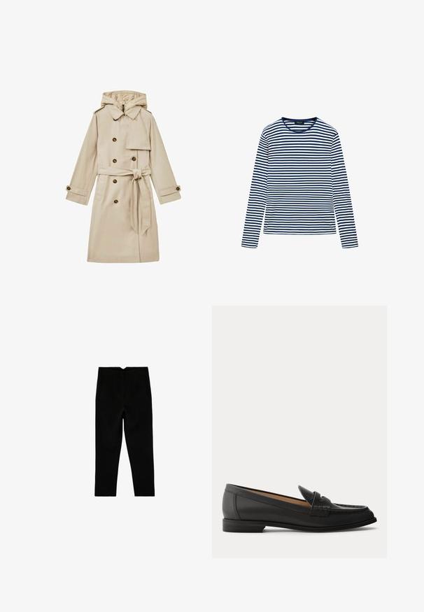 Manteau trench long beige avec capuche, design croisé, grands boutons et taille cintrée par une ceinture. Le tissu semble lisse et léger.; Chemise à manches longues et col rond avec des rayures horizontales bleu marine et blanches, en tissu léger, posée à plat sur un fond blanc.; Pantalon noir sur mesure longueur cheville avec poches latérales et jambe légèrement fuselée, présenté à plat sur un fond blanc.; Mocassin en cuir noir pour femme avec un petit talon, bout arrondi et détails cousus sur la tige, vu de profil sur un fond uni.
