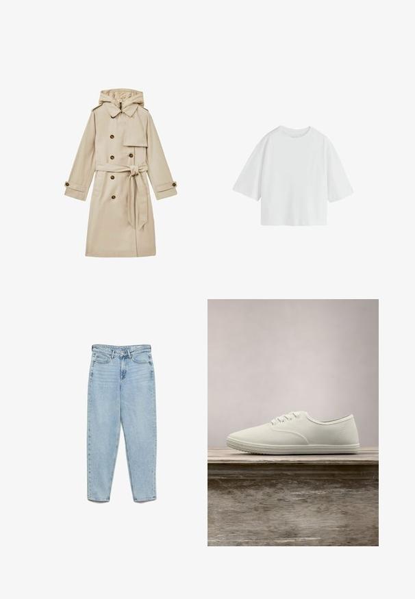 Manteau trench long beige avec capuche, design croisé, grands boutons et taille cintrée par une ceinture. Le tissu semble lisse et léger.; T-shirt écru oversize à manches courtes, col rond et coupe ample.; Jean en denim bleu clair taille haute avec poches avant, passants pour ceinture, fermeture à boutons et jambes fuselées sur fond blanc.; Baskets en toile blanches avec un bout arrondi, six œillets et une semelle en caoutchouc texturée, suspendues au-dessus d'une surface en bois avec de l'herbe verte en arrière-plan.