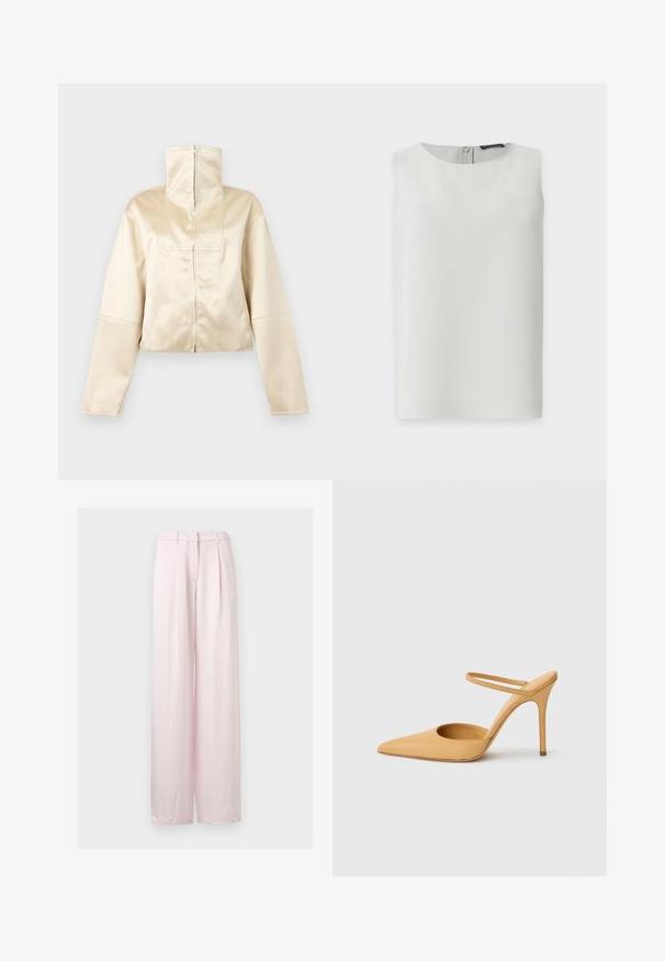 Beige, cropped jakke med lange ærmer, høj lynlåsskrave og lynlåslukning foran, vist på en ensartet lys baggrund.; Ærmeløs hvid bluse med rund halsudskæring og synlig lynlås bagpå, vist mod en enkel hvid baggrund.; Lyserøde, højtaljede bukser med vide ben, forplissering foran, bæltestropper og skjult knap- og lynlåsfastgørelse.; Beige spidse stilettohæle med en tynd ankelrem på en hvid baggrund.