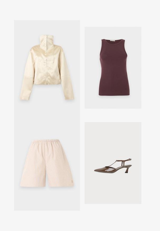 Beige, cropped jakke med lange ærmer, høj lynlåsskrave og lynlåslukning foran, vist på en ensartet lys baggrund.; Ærmeløs mørkelilla tætsiddende tanktop med rund halsudskæring og subtilt logo nær kanten, vist på en ensfarvet lys baggrund.; Beige og hvide shorts med lodrette striber, løs pasform, elastisk talje, knælange, fladt lagt på hvid baggrund.; Brun laklæder slingback pumpe med spids tå, T-rem, lille buet hæl og ankelspænde på ensfarvet baggrund.