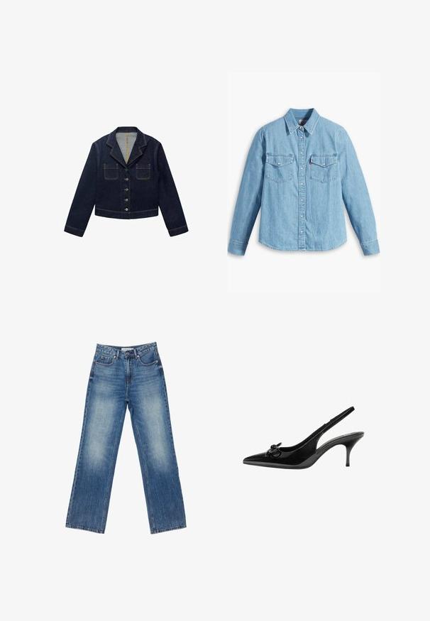 Mørkeblå denimjakke med klapkrave, to forlommer og knaplukning. Har synlige sømme og en cropped design.; Lyseblå denimskjorte med lange ærmer, spidse krave, to brystlommer, knaplukning og subtil tekstur. Ingen synlige mønstre.; Blå jeans med høj talje og lige ben med knap- og lynlåslukning, for- og baglommer samt falmede detaljer på lårene.; Sorte patenterede læder slingback-sko med spids tå, lav hæl og en dekorativ sløjfedetalje på siden. Glat tekstur hele vejen igennem.
